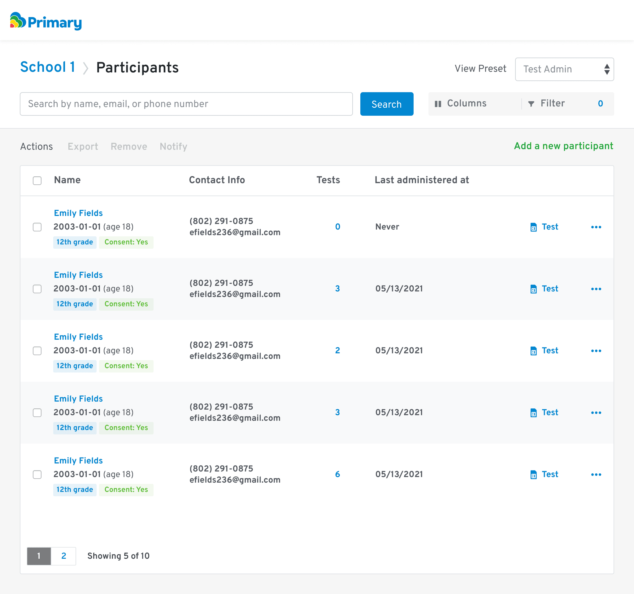 Primary admin panel